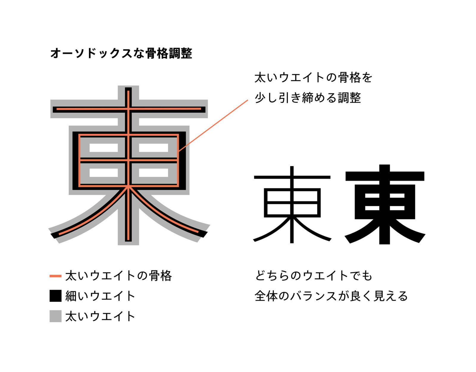 オーソドックスな骨格調整である、太いウェイトの骨格を少し引き締める調整をするとどちらのウェイトでも全体のバランスがよく見える