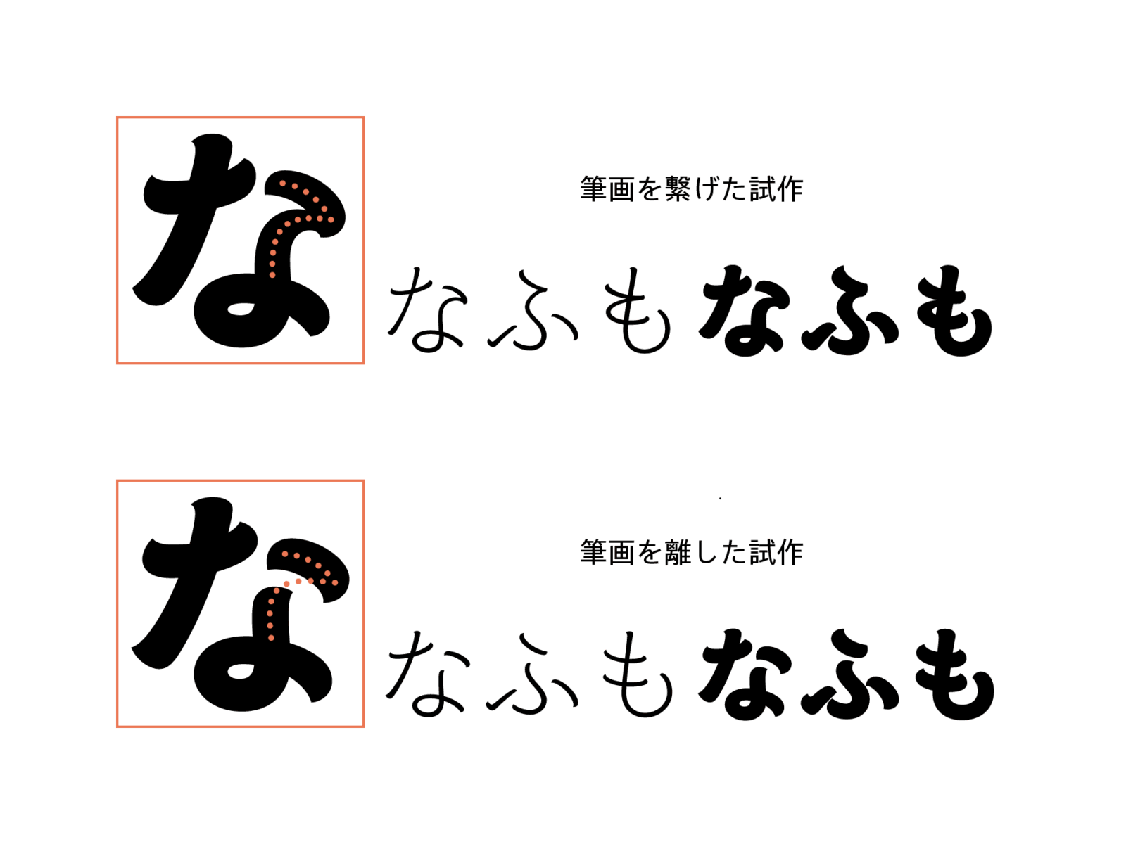 筆画を繋げた試作と離した試作